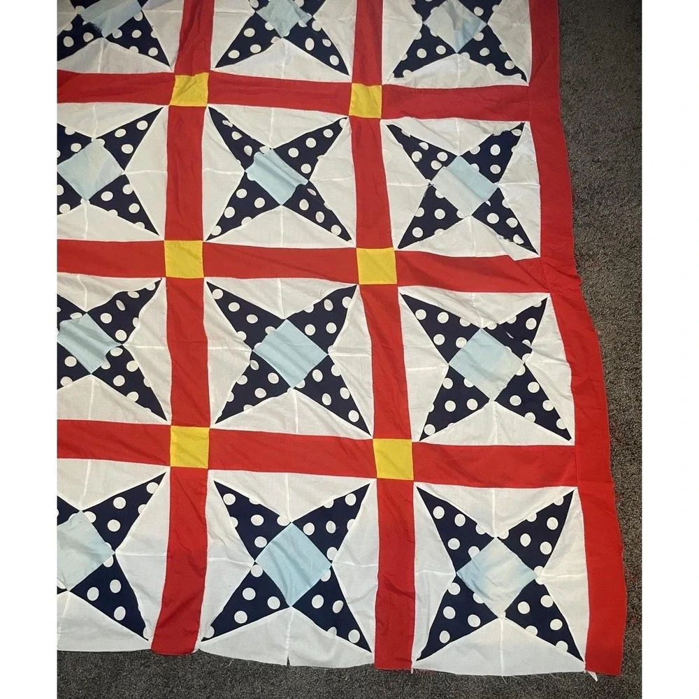 Classic Patriotic Americana Quilt Top 64x90 Modern Farmhouse Boho Red Blue Vivid